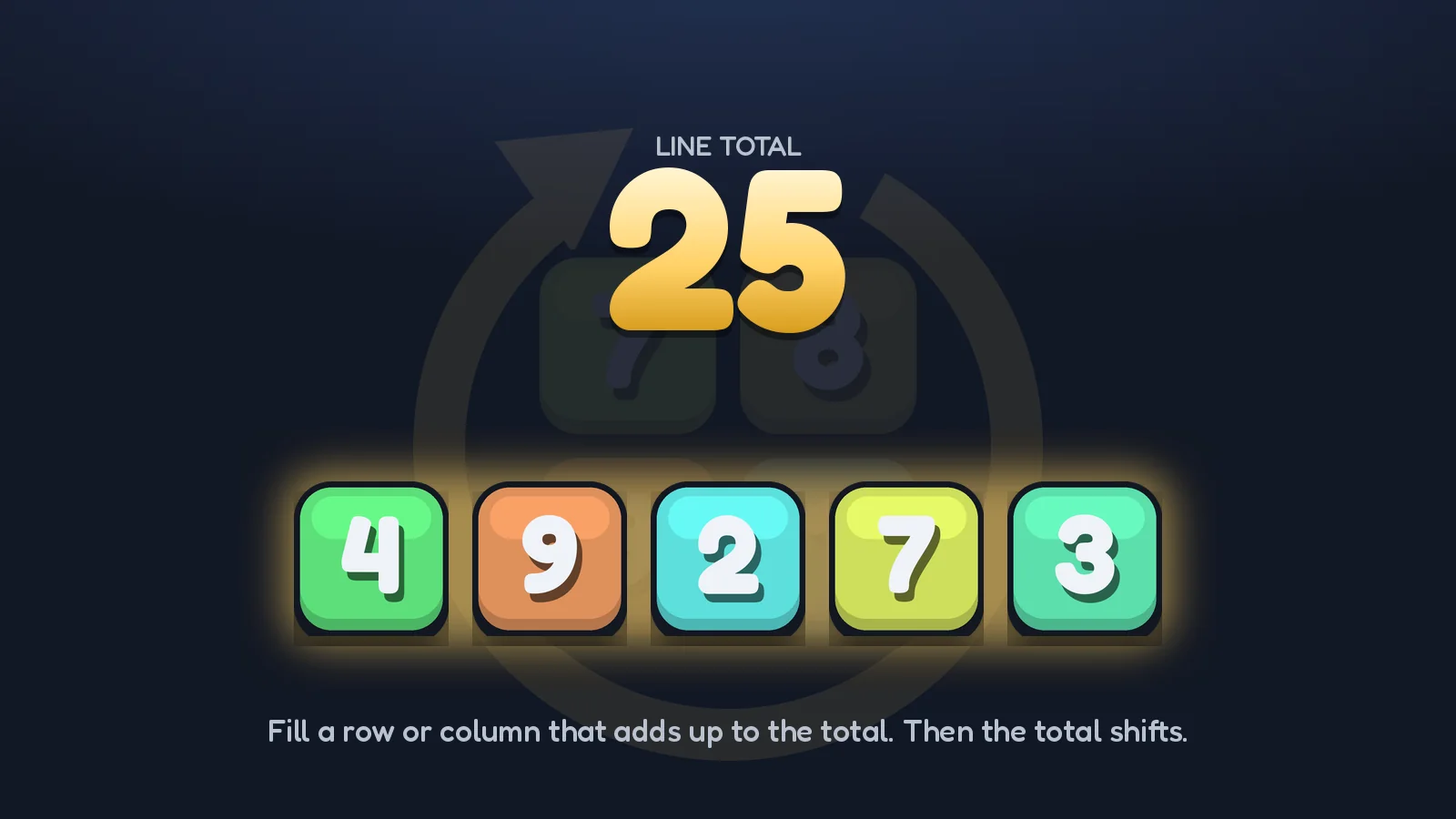 Five number tiles, 4 9 2 7 3, glowing gold under the line total 25